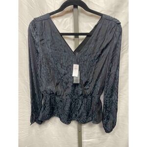 Banana Republic Womens XS Black Animal Print V Neck Peplum Blouse Long Sleeve